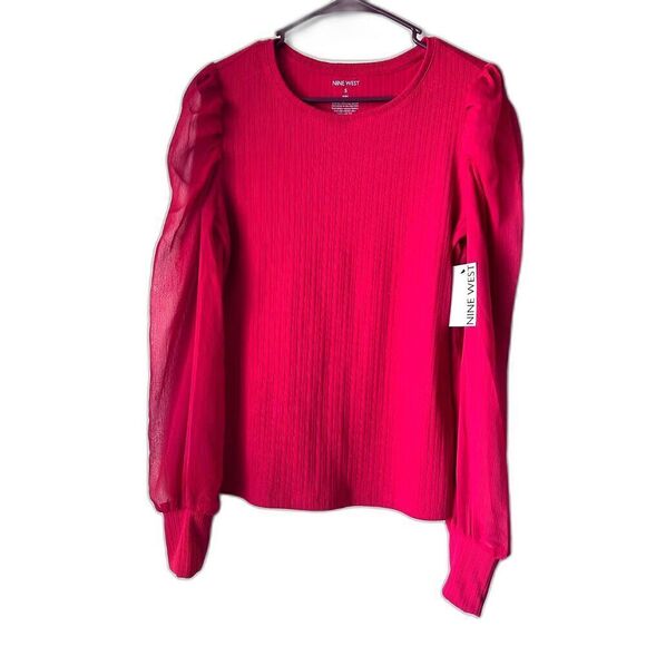 Women's Nine west long sleeves red blouse neck top scoop puff crewneck Size S - Picture 2 of 10